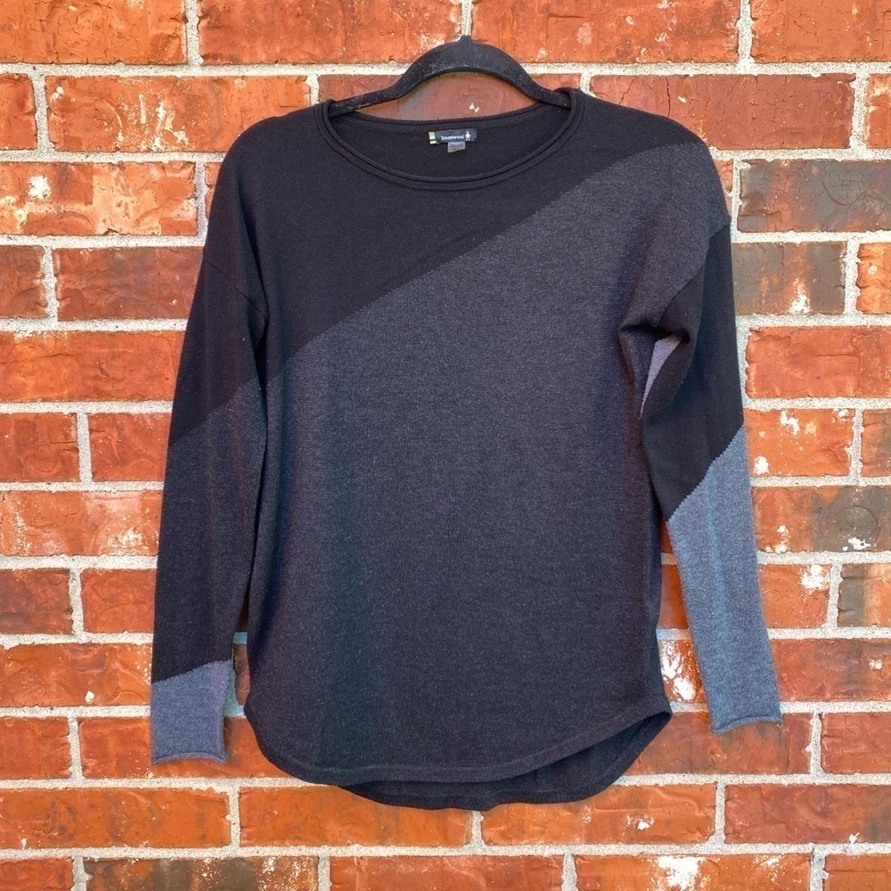 Smartwool Womens XS Shadowpine Black Gray Colorblock Crew Neck Sweater